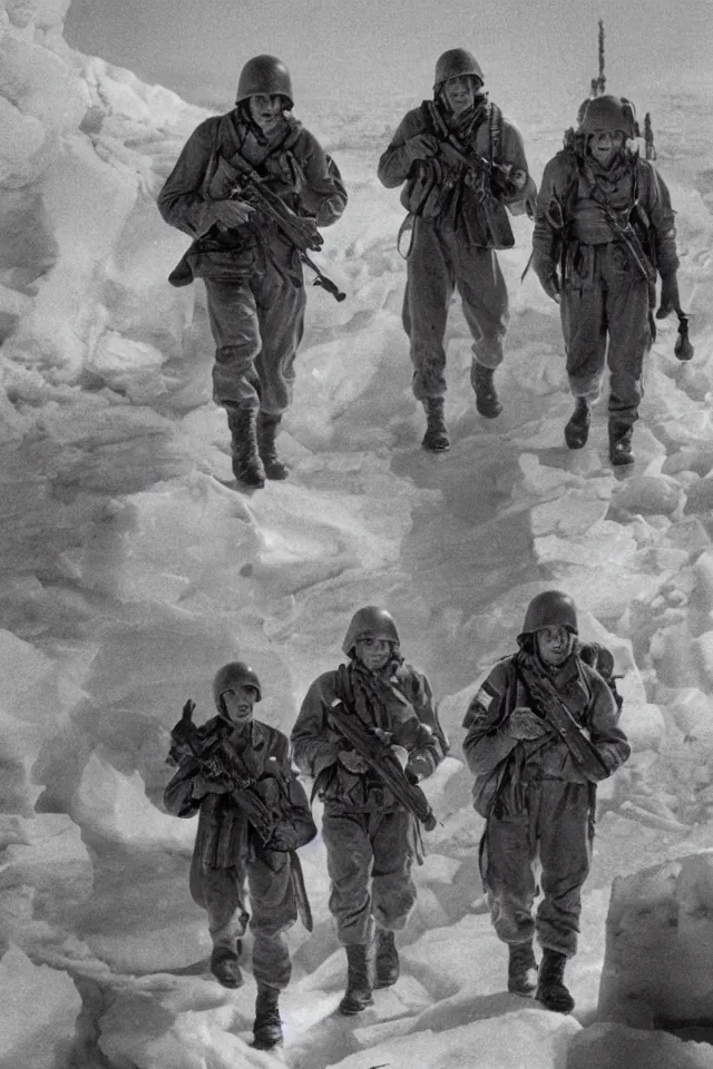 Prompt: a portrait of ww 2 american soldiers entering the star gate to agartha from antarctica, realistic, highly detailed, fantasy, early 2 1 st century film quality, b & w, 4 k