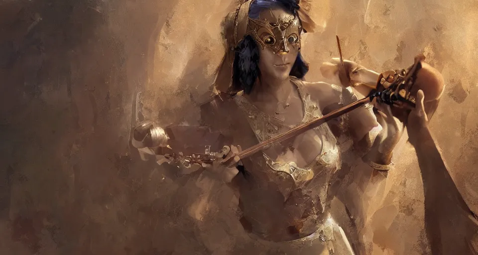 Prompt: craig mullins and ghibli digital art of a masked female play violin ， exotic costumes, gold jewelry, black hair, realistic shading, cinematic composition, realistic render, octane render, detailed textures, photorealistic, wide shot