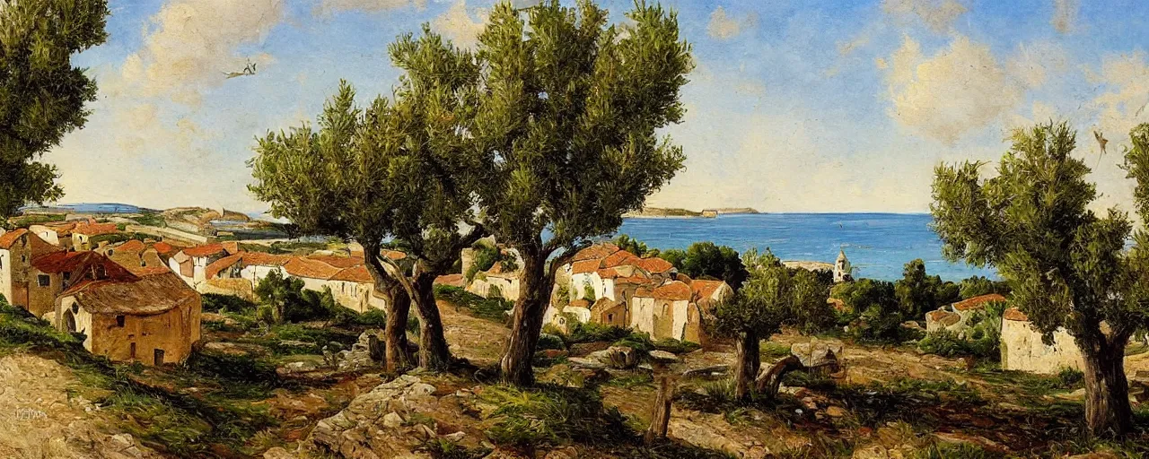 Prompt: painting_of_a_rural_French_medieval_village_by_the sea near olive trees by Aleksander_Rostov