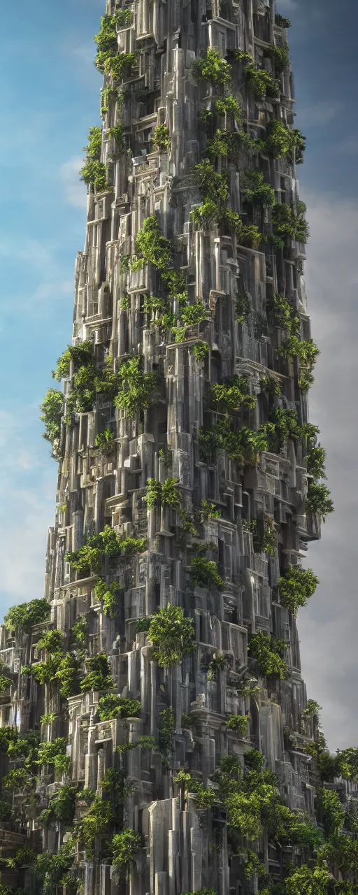 Image similar to epic eye level view of a contemporary tower, golden intricate details, stone facade, sacred architecture, hanging gardens, cascading highrise, arid mountains with lush palm forest, photorealistic, sunlight, 8 k, post - production, octane, cgi, sfx