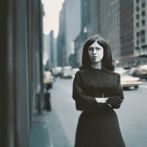 Image similar to medium format film candid portrait of a woman in new york by portrait photographer, 1 9 6 0 s, depth of field woman portrait featured on unsplash, photographed on colour expired film