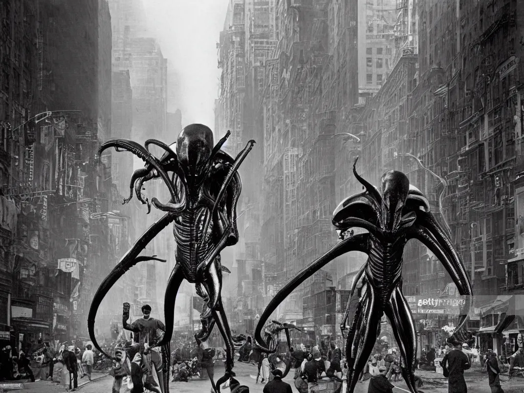 Prompt: old black and white photo, 1 9 1 2, depicting a xenomorph from the movie aliens rampaging through the bustling streets of new york city, historical record, history channel,