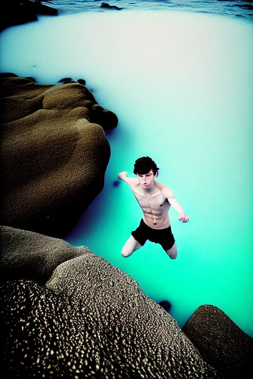 Image similar to high quality pastel coloured film mid angle docu photograph of a beautiful young 2 0 year old male, soft features, short black hair, falling, jumping in an icelandic black rock pool environment. atmospheric. three point light. photographic. art directed. ( pastel colours ). volumetric light. clearcoat. waves glitch. 8 k. filmic.