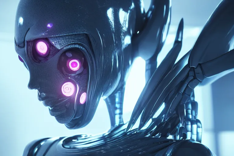 Image similar to cyberpunk alien concept inspired evil robot, futuristic look, highly detailed body, very powerful, photorealistic camera shot, bright studio setting, studio lighting, crisp quality and light reflections, unreal engine 5 quality render