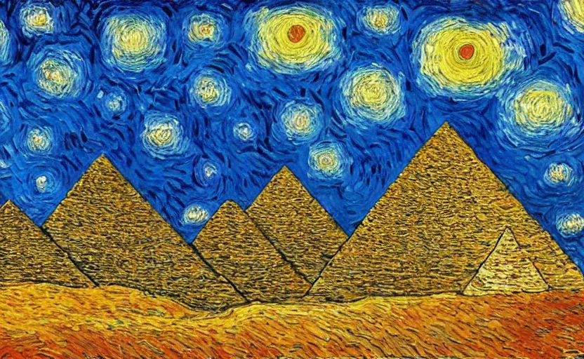 Image similar to The pyramids with Van gogh sky