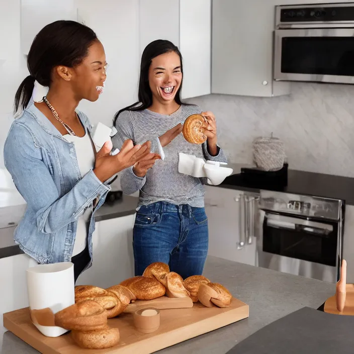 Image similar to a woman that is extremely happy about a young woman receiving her new bagel slicer from the future in the mail from amazon, 8 k,