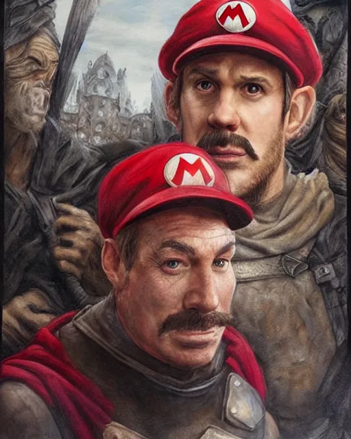 Prompt: portrait of super mario in game of thrones, red cap, beautiful, very detailed, hyperrealistic, medium shot, very detailed painting by Glenn Fabry, by Joao Ruas