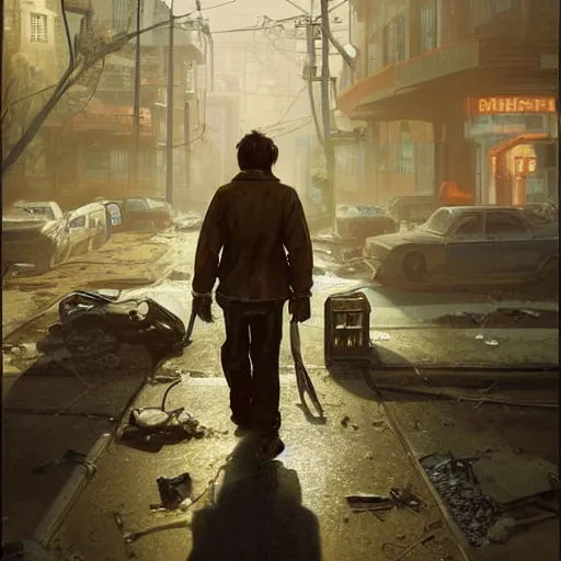 Image similar to Half portrait of a young man with long brown hair as a homeless character in Fallout 4 walking in Boston City, gorgeous, beautiful, intricate, highly detailed, digital painting, artstation, oppressive lighting, concept art, sharp focus, illustration, art by greg rutkowski and alphonse mucha