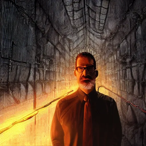 Image similar to lovecraftian gordon freeman, surrounded by beams of light dark background by wayne barlow, stanley donwood, anton semenov, zdzislaw bekinski, hr giger, 8 k, fantasy, dark, highly detailed