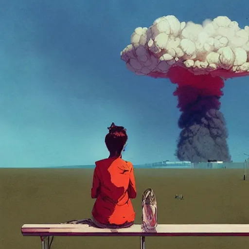 Prompt: girl sitting on a park bench, nuclear explosion in the background, nuclear bomb cloud, by conrad roset, by greg rutkowski, digital art