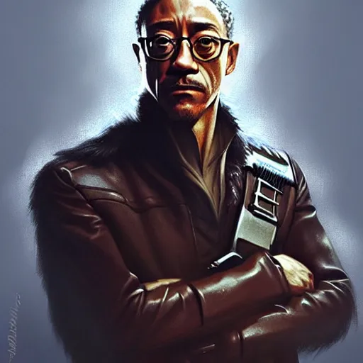 Image similar to portrait giancarlo esposito as han solo, intricate elegant, highly detailed, digital painting, artstation, concept art, smooth, sharp focus, illustration, art by artgerm and greg rutkowski! and, heavily influenced by frank frazetta and boris vallejo, sword and sorcery