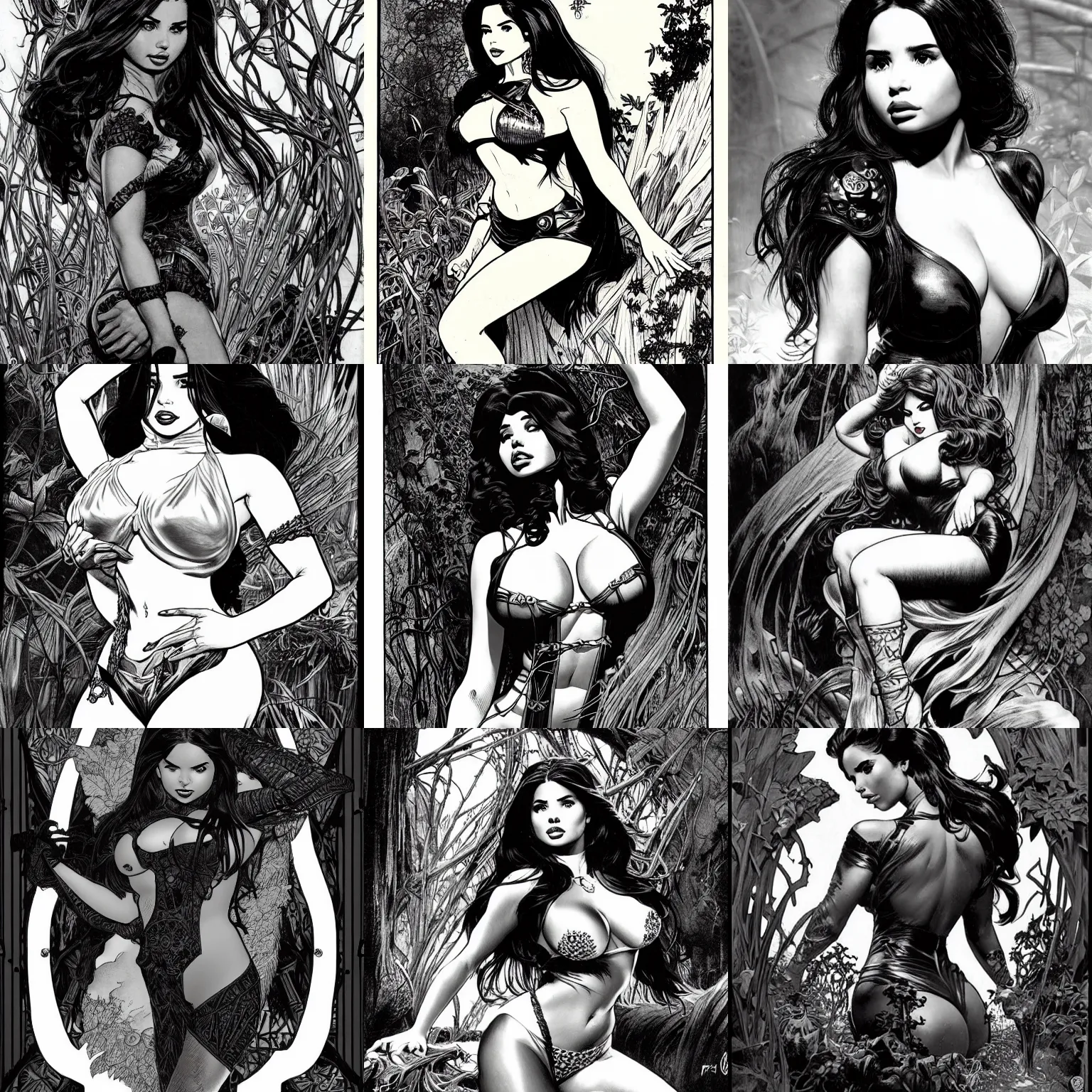 Prompt: portrait of demi rose, marvel comics, dark, sorceress, intricate, overgrown swamp, highly detailed, smooth, black and white, comic inks, splash page, by frank frazetta and alphonse mucha