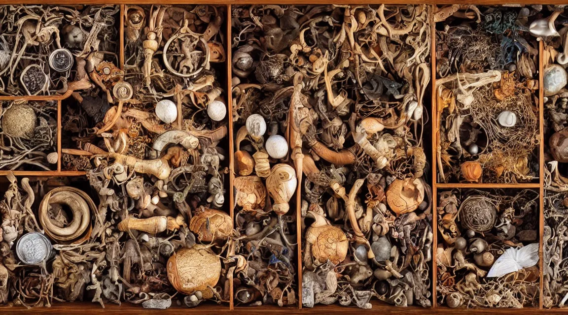 Image similar to wooden box with cabinet of curiosities filled with strange natural artifacts and wonders of the world, photorealistic, profesional photo, by Steve McCurry