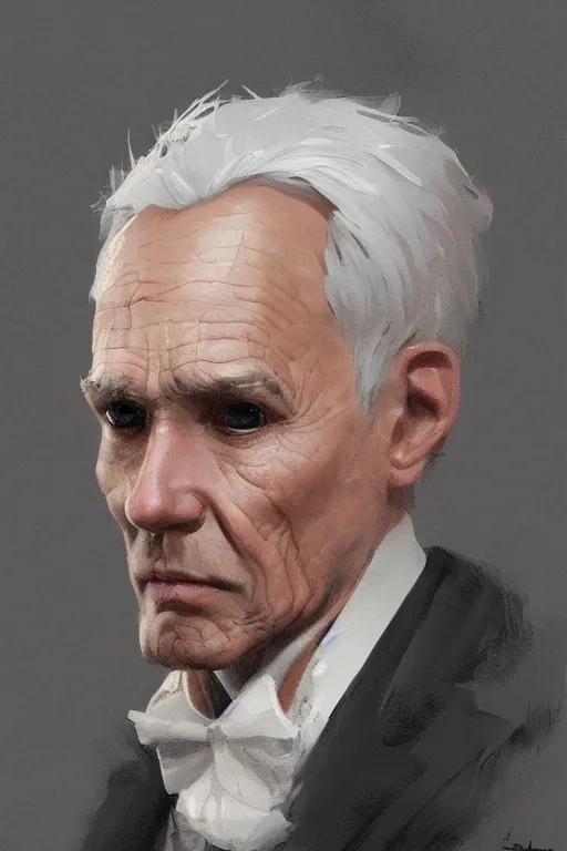 Prompt: a grey hair old halfling with stubble no beard top hat and suit by Greg Rutkowski, painting, portrait, HD, high details, trending on artstation