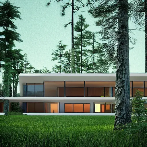 Image similar to a modern house in the woods. the house is the shape of a mobius strip with large picture windows. there are pine trees all around. digital art, 3 d render.