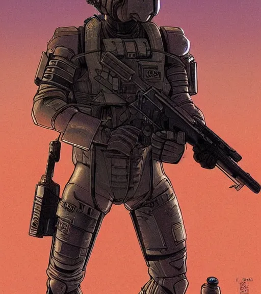 Image similar to a cyberpunk soldier with tactical gear and a rifle patrols a Japanese city on mars, Industrial Scifi, detailed illustration, character portrait, by Martin Grip and Moebius