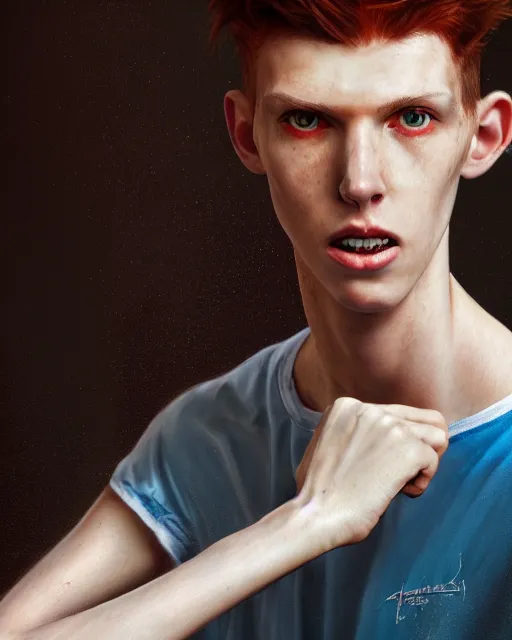 Image similar to a hyper real portrait painting of tall, thin, 1 5 - year - old boy with a long nose, a lot of freckles, fiery red hair, and bright blue eyes, 4 k, 8 k, d & d concept art, unreal 5, daz, hyperrealistic, octane render, cosplay, rpg portrait, dynamic lighting