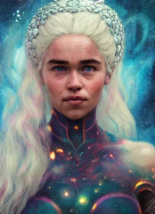 Image similar to cosmic lofi daenerys targaryen portrait, queen of dragons, fire flaming serpent, au naturel, hyper detailed, digital art, trending in artstation, cinematic lighting, studio quality, smooth render, unreal engine 5 rendered, octane rendered, art style by klimt and nixeu and ian sprigger and wlop and krenz cushart.