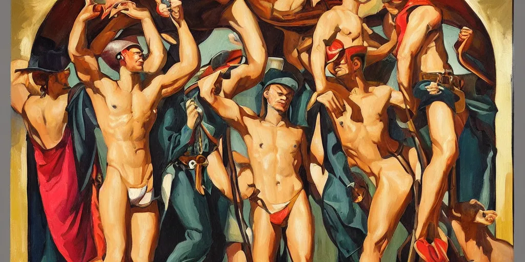 Prompt: a beautiful art deco painting of the pantheon of gay cowboy!! gods, homoerotic, art deco, art nouveau, tarot card, symmetrical, trending on artstation