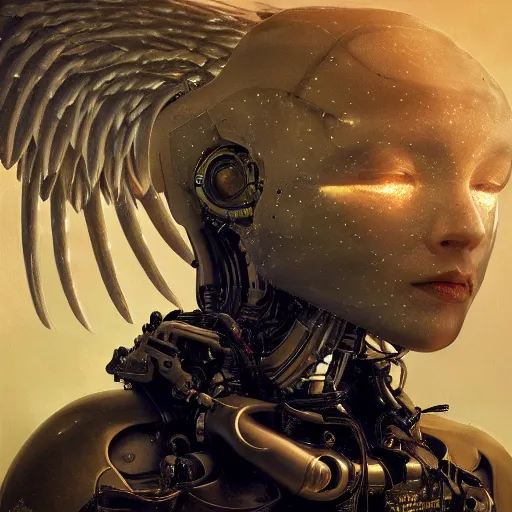 Image similar to UHD candid photo of a robot with angel wings, UHD, photorealistic, real angel wings, correct robot face, photo by Annie Leibowitz, UHD tonalism cosmic painting by Caparo and Ferdinand Knab and Greg Rutkowski, UHD, photorealistic, trending on artstation, trending on deviantart