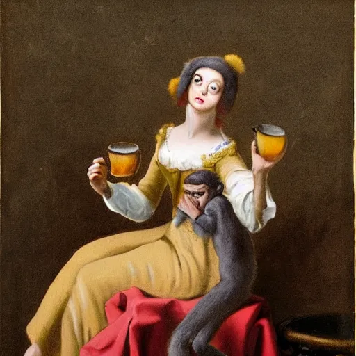 Image similar to a monkey with heels drinking tea as a baroque painting