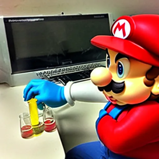 Image similar to Mario in lab doing experiments 🍄