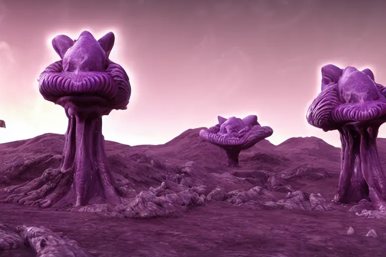 Image similar to a grotesque alien landscape, purple sky and weird alien structures, cinematic, unreal engine 5