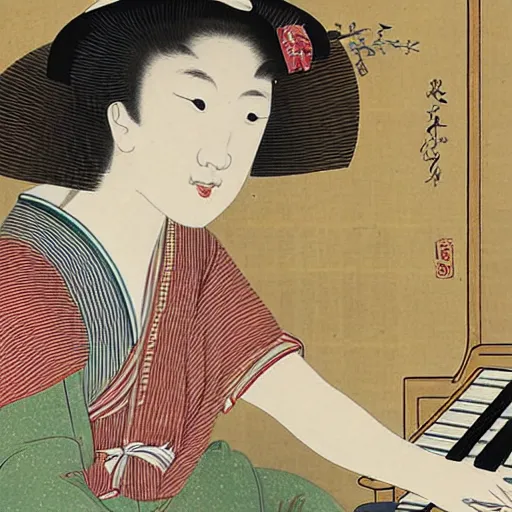 Image similar to girl with curly blonde hair sitting at a piano, painting by utamaro