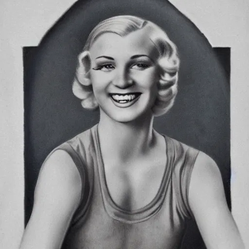 Prompt: a 1 9 3 0 s portrait. happy, healthy, beautiful, smiling, young, sporty, blonde woman in decent athletic wear. hyper - realistic detailed color drawing