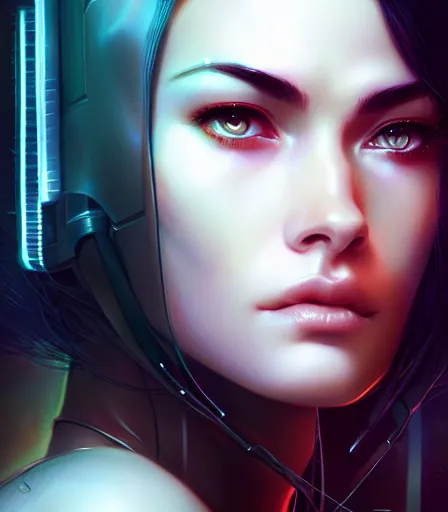 Image similar to beautiful portrait of a cyberpunk goddess who looks like Megan Fox , character design by charlie bowater, ross tran, artgerm, and makoto shinkai, detailed, soft lighting, rendered in octane