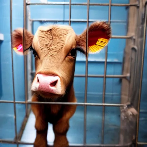 Prompt: cute calf with big eyes dressed as an inmate inside a jailcell