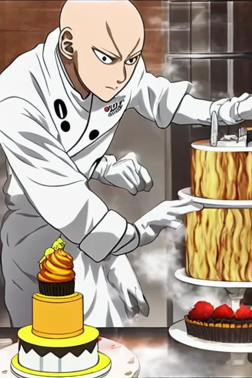 Image similar to chef saitama one punch man, dressed as a pastry chef, making a cake, anime artwork