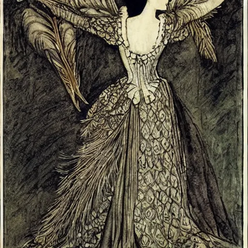 Image similar to Anne Boleyn transforming into a bird, avian, feathers, she is sad, in the style of Arthur Rackham