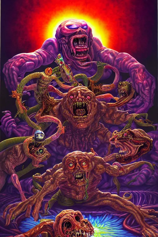 Prompt: a hyperrealistic painting of a grandiose boss fight against evil television, cinematic horror by jimmy alonzo, the art of skinner, chris cunningham, lisa frank, richard corben, highly detailed, vivid color,