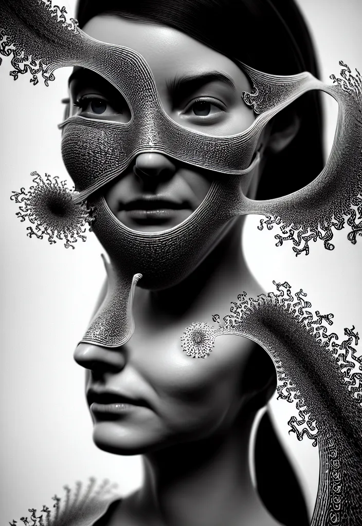 Prompt: young beautiful woman with a face medical mask. fractal, mandelbulb, speed painting, scribble art, octane render. black and white. intricate details, 8k, 3D, beautiful, cinematic. futurism, Unreal Engine, photorealistic.