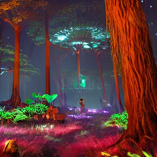 Prompt: scene still of avatar variety bioluminescent forest at night. cinematic cg weta