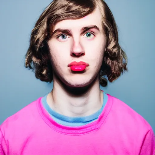 Image similar to portrait of 2 0 year old white man with big pink lips, messy medium length hair