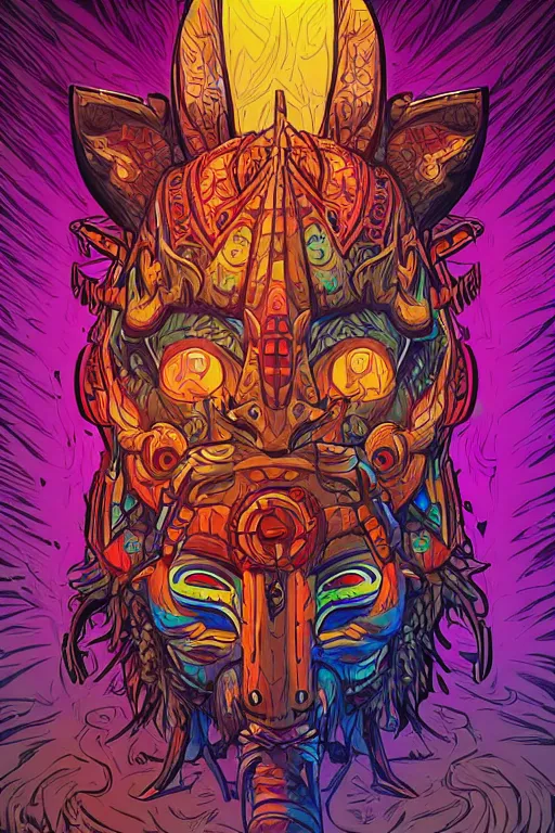 Image similar to totem animal mask tribal feather gemstone plant wood rock shaman vodoo video game vector illustration vivid multicolor borderlands comics by josan gonzales and dan mumford radiating a glowing aura