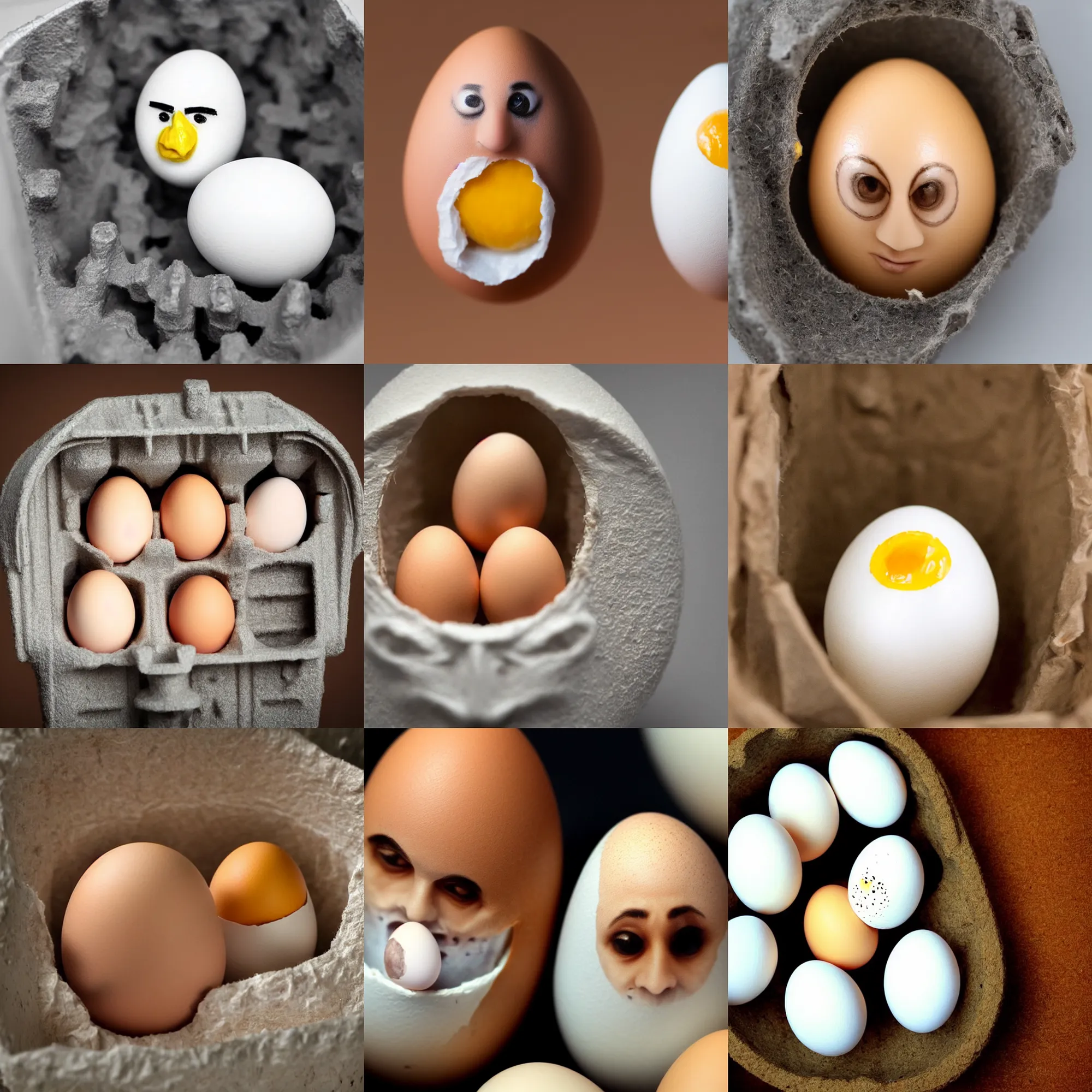 Prompt: an unhatched egg that looks like nicolas cage, nicolas cage's face on an egg, in an egg carton, macro shot, high detail photo, close up, cute, adorable
