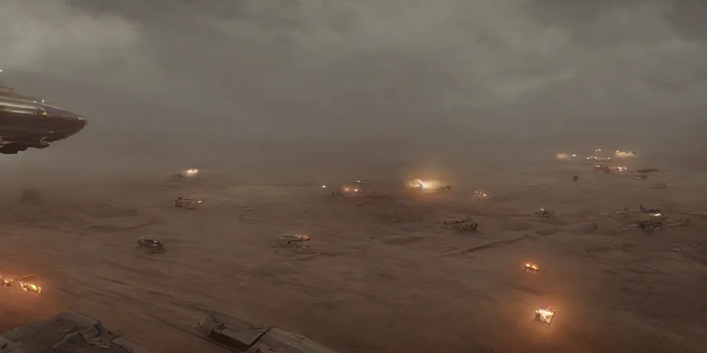 Prompt: screenshot from a renaissance airship cyberpunk cinematic masterpiece, sandstorm rain, fps, cinematography, photo, photography, 4 k, by greg rutkowski, roger deakins