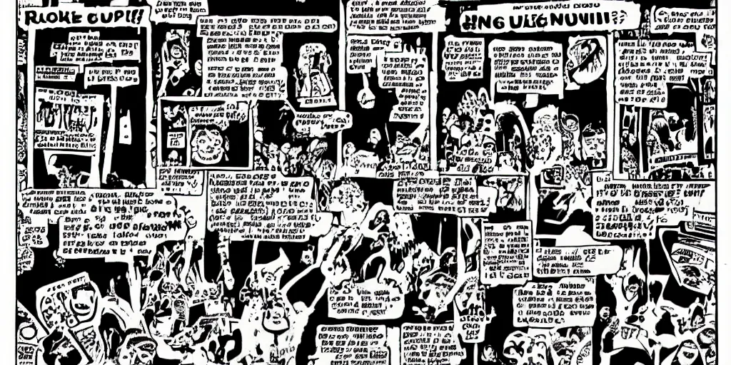 Image similar to zine of an underground comic book, black and white, diy, comic art, robert crumb, underground, punk