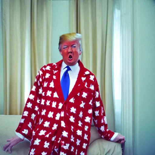 Prompt: photo of donald trump in his pyjamas, cinestill, 8 0 0 t, 3 5 mm, full - hd