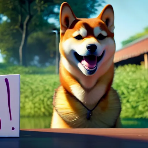 Prompt: weta disney pixar movie still photo of funny shiba inu with sign that says bonk : : by weta, greg rutkowski, wlop, ilya kuvshinov, rossdraws, artgerm, octane render, iridescent, bright morning, anime, liosh, mucha : :