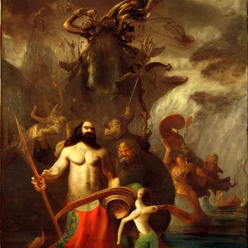 Image similar to copper by albert bierstadt, by frans francken the younger depressing. a photograph of a mythological scene. large, bearded man seated on a throne, surrounded by sea creatures. he has a trident in one hand & a shield in the other. behind him is a large fish. in front of him are two smaller creatures.