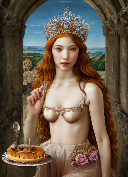 Image similar to closeup medieval botticelli face portrait of a fairytale princess wearing a crown eating cakes in the castle, bikini, depth of field, zeiss lens, detailed and intricate environment, fashion photoshoot by nicoletta ceccoli, mark ryden, lostfish, breathtaking, 8 k resolution, extremely detailed, beautiful, establishing shot, artistic, hyperrealistic, octane render