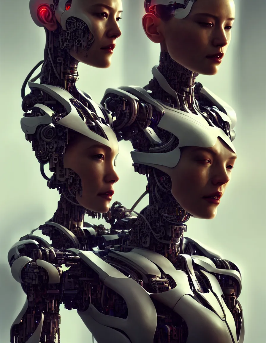 Prompt: portrait of a female cyborg. intricate abstract. intricate artwork, by tooth wu, wlop, bill sienkiewicz, syd mead. concept art, octane render, trending on artstation, greg rutkowski very coherent symmetrical artwork. cinematic, key art, hyper realism, high detail, octane render, 8 k, iridescent accents