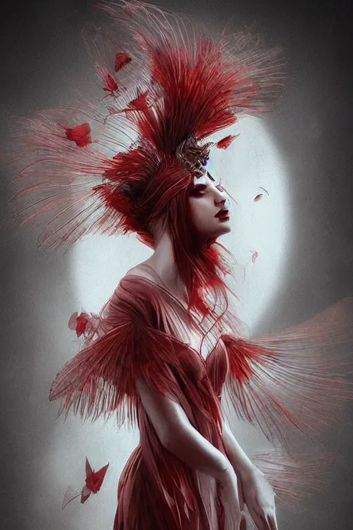 Image similar to Ethereal Cardinal WOMAN bird, intricate detail, ornate, conceptual art, soft light, dynamic, art by artgerm , fine art high quality printing, fine art with subtle redshift rendering