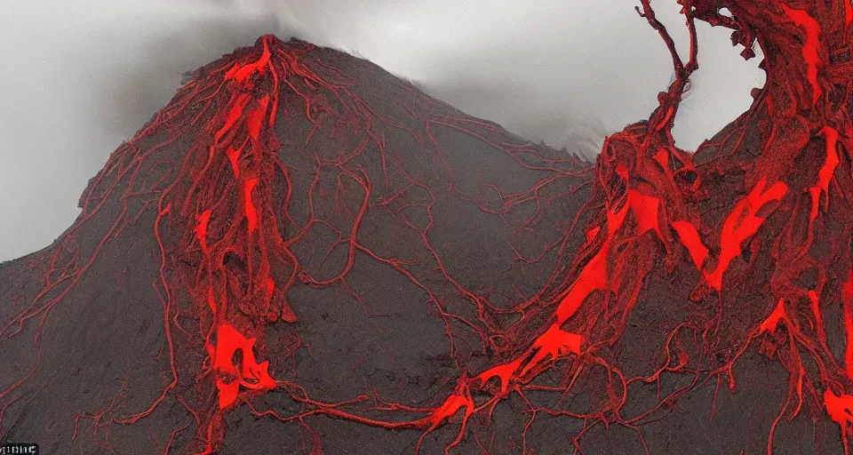 Image similar to a volcano made of ivory vines and crimson rocks enters in eruption, it spits a smoke in the shape of demonic eye, by burns jim