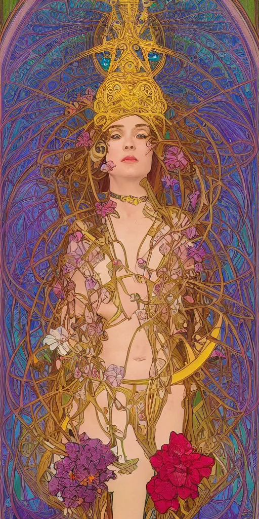 Image similar to a portrait painting of a singular beautiful female godess of spring, colorful flowers, holy geometry, tarot card style, by Mohrbacher and Moebius and Alphonse Mucha and Roger Deakins, cinematic lighting, masterpiece, golden ratio background, highly detailed, 8k resolution, trending on art station