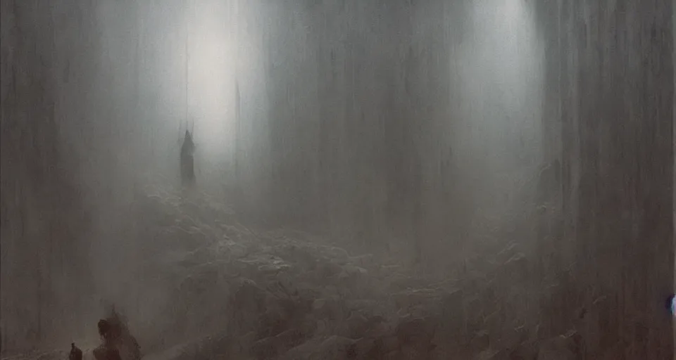 Prompt: she peers into the abyss and sees the abyss looking back at her, dramatic lighting, smooth, sharp details, intricate, sad and powerful painting by beksinski and ruan jia and greg rutkowski